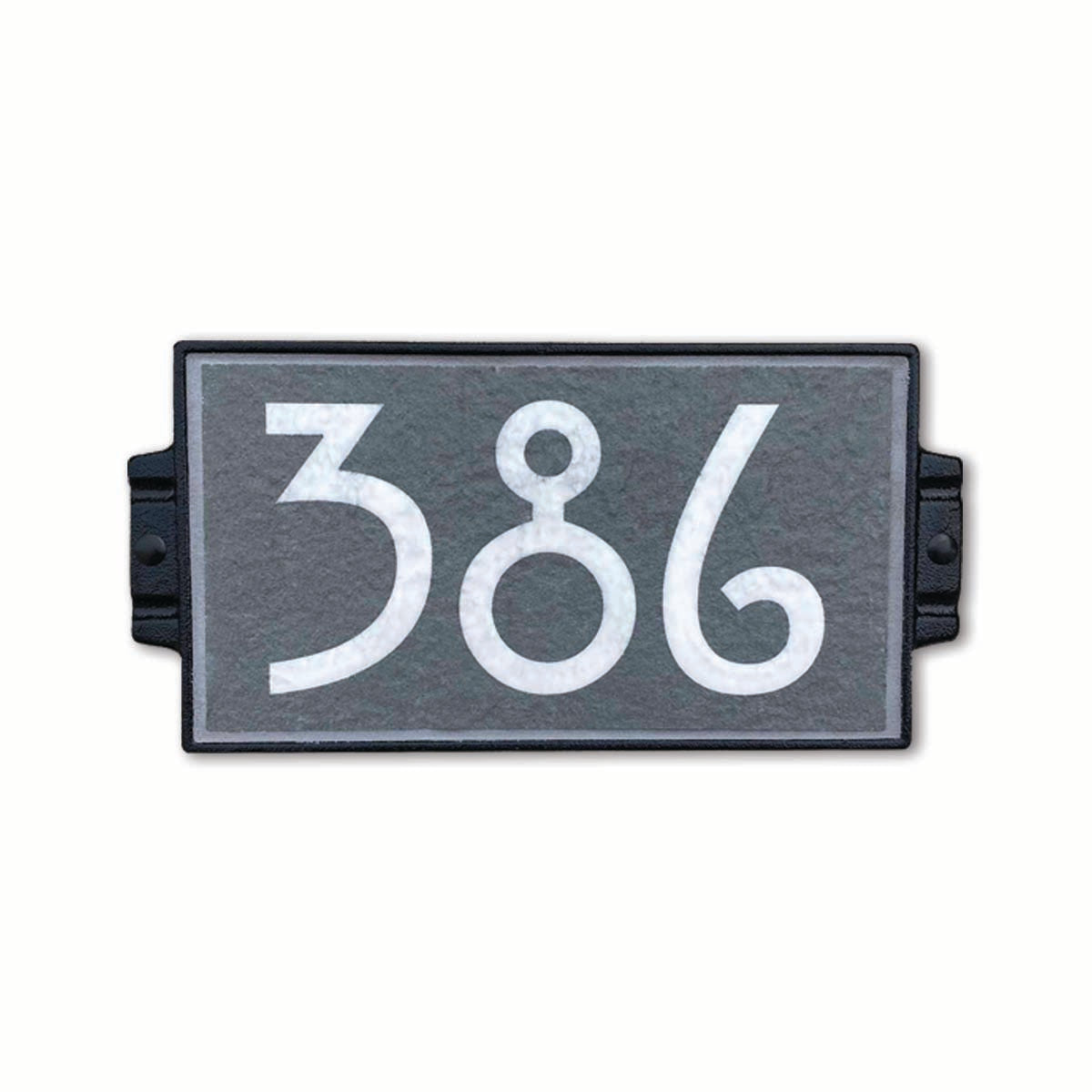 White numbers on blue stone textured porcelain tile address plaque