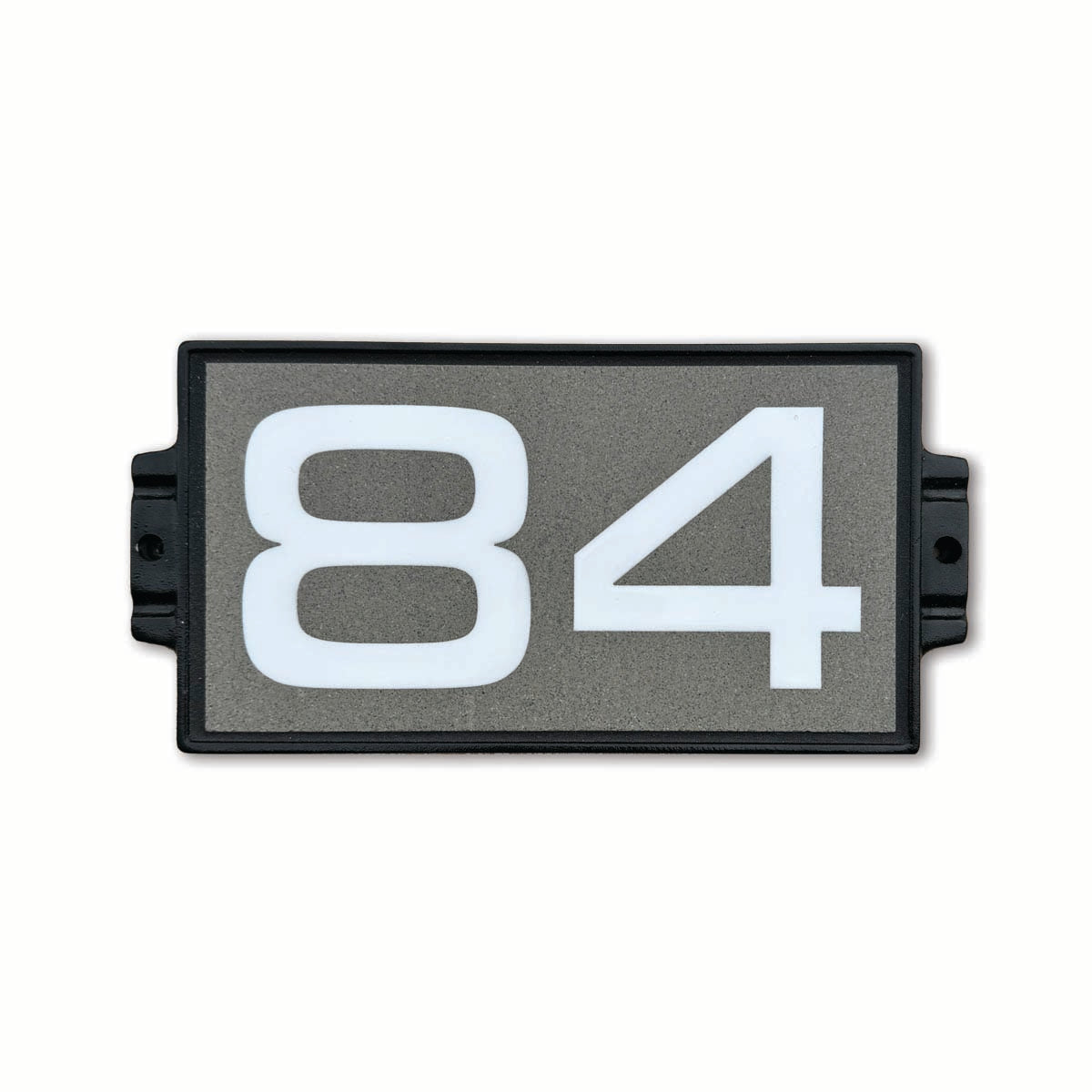 Glossy white numbers on dark grey porcelain tile address plaque