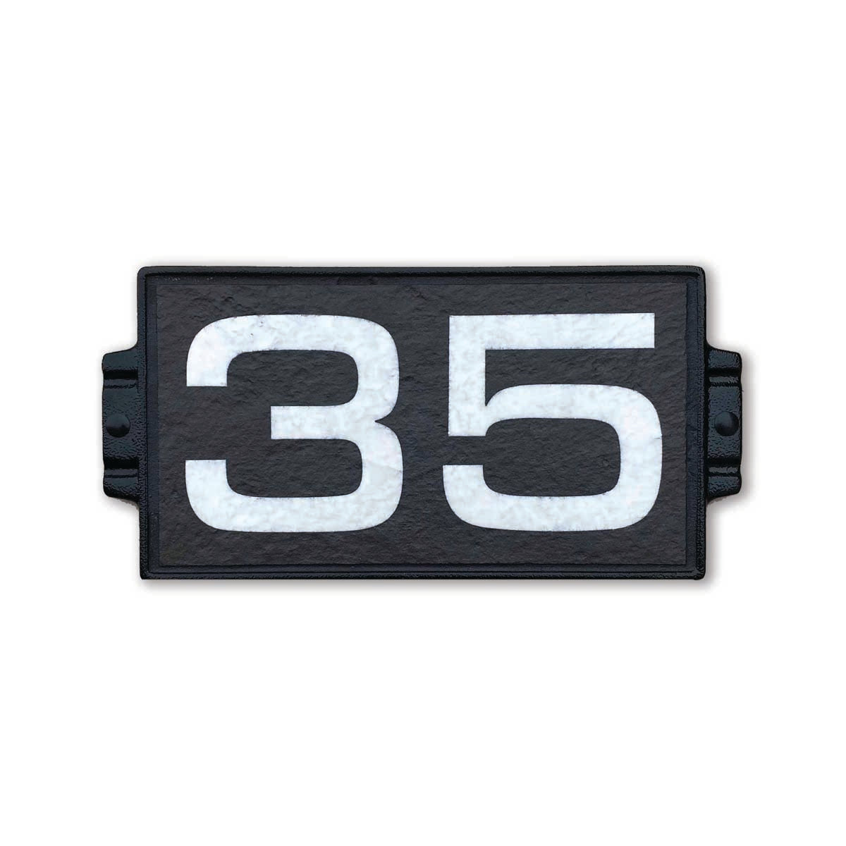 White glossy numbers on ebony coloured stone textured porcelain tile address plaque