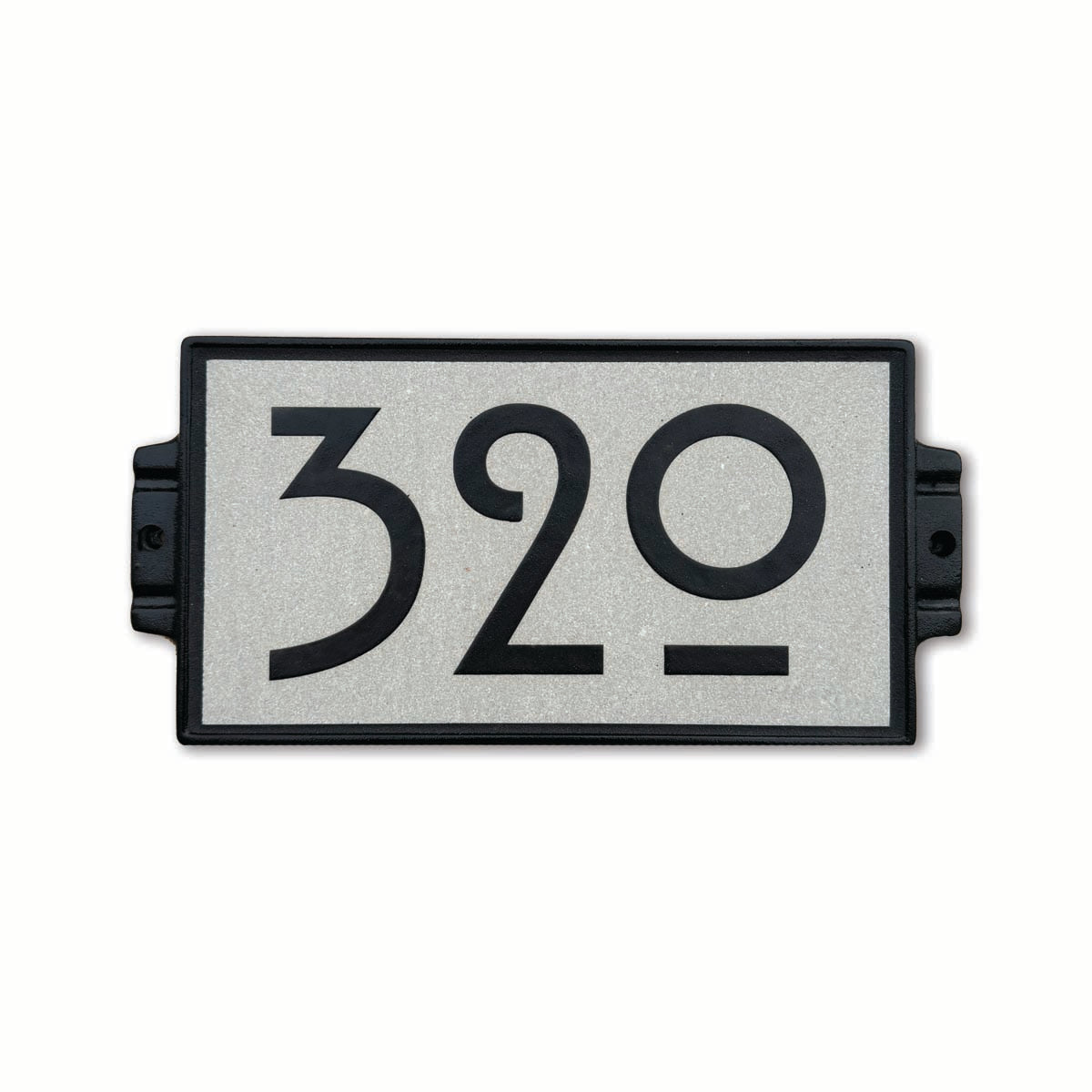 Black numbers on light grey porcelain tile address plaque