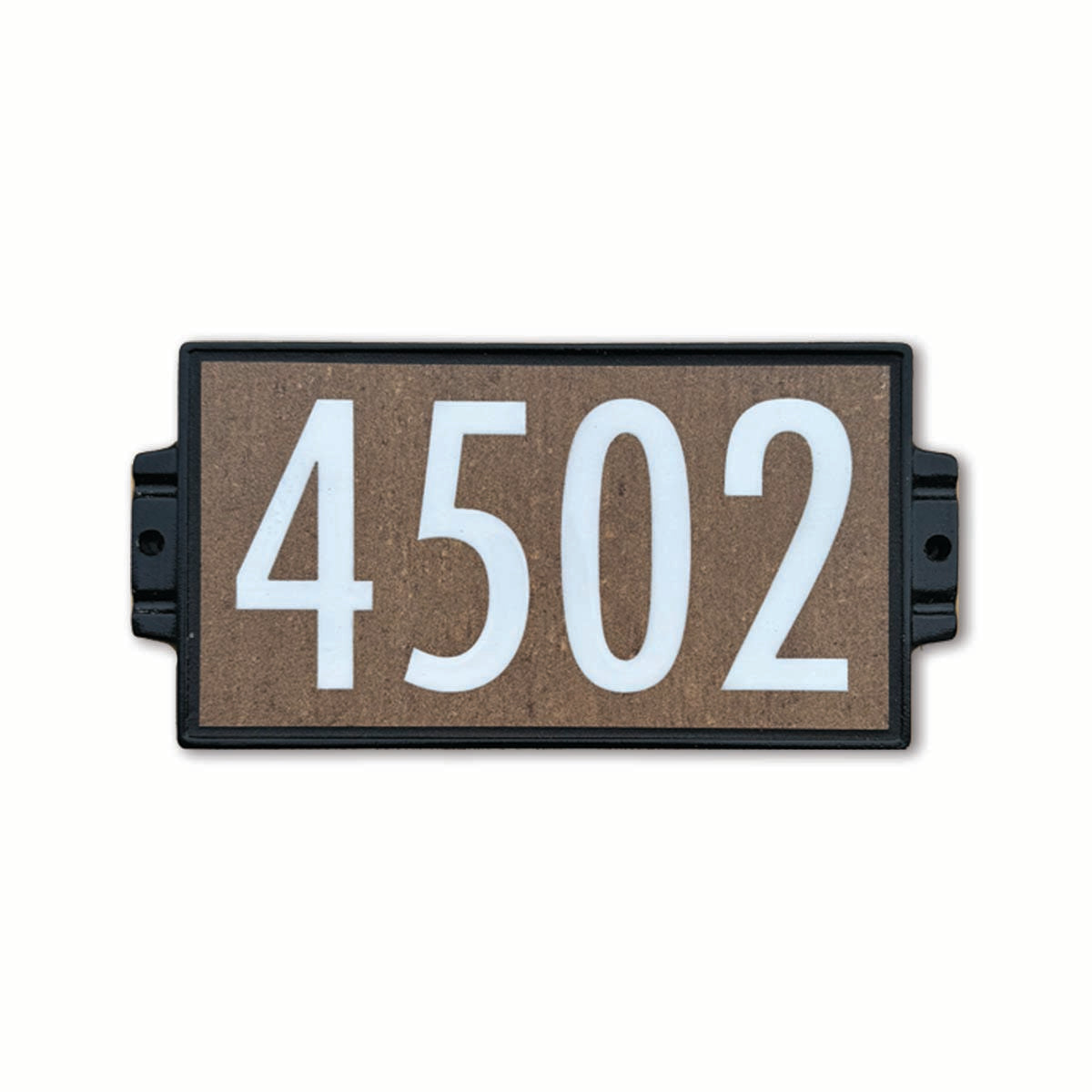 White glossy numbers on light brown textured porcelain Edmonton address plaque