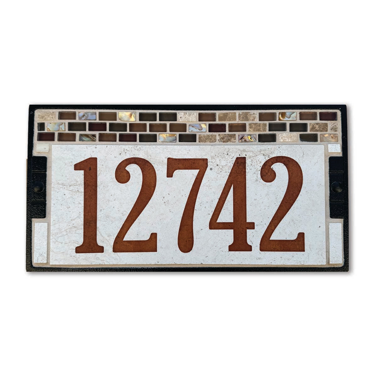 Terra Cotta colour numbers on a variegated beige porcelain tile number plaque with a mixed glass mosaic border