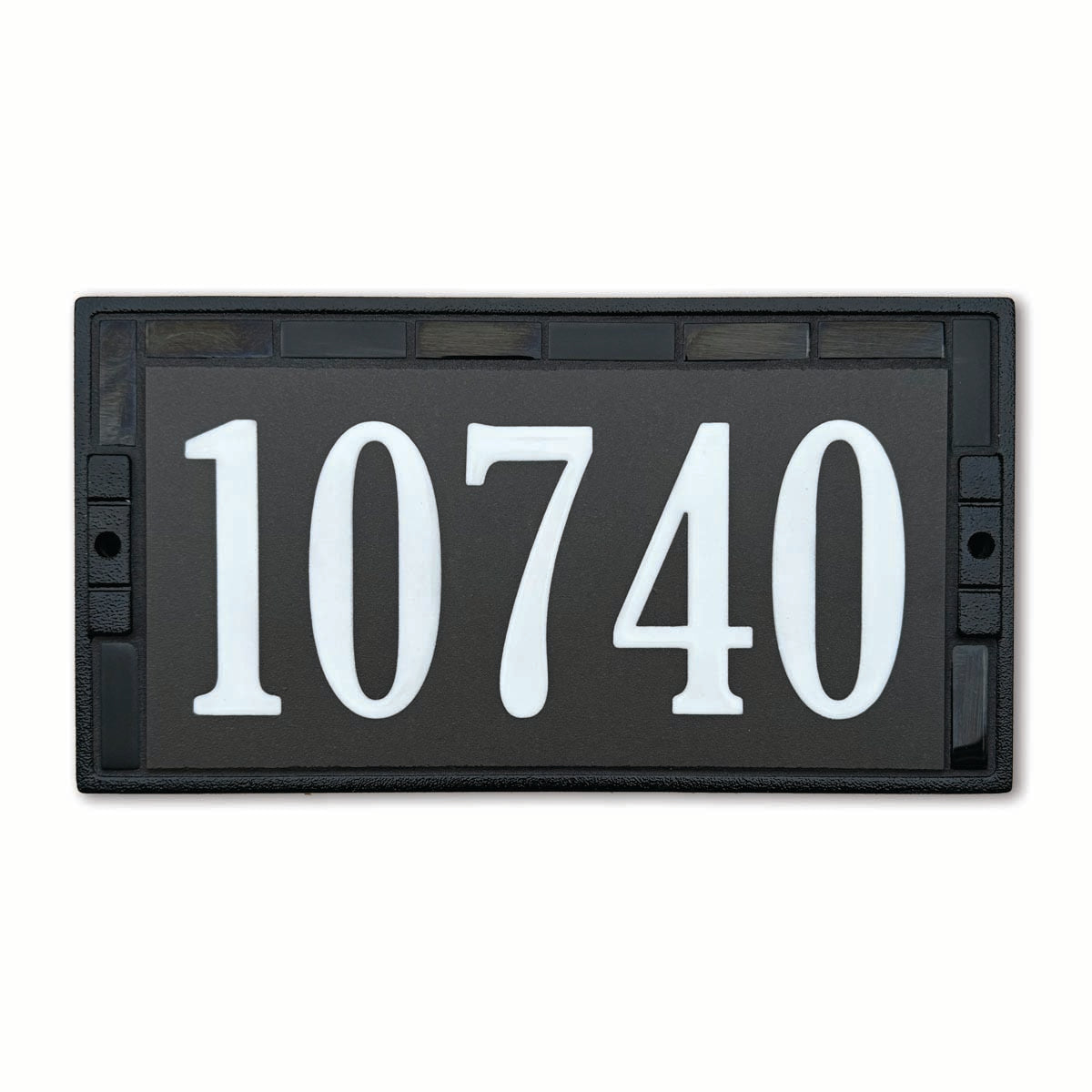 Classic black number black with white glossy numbers on a smooth black porcelain tile in a powder coated cast aluminum frame