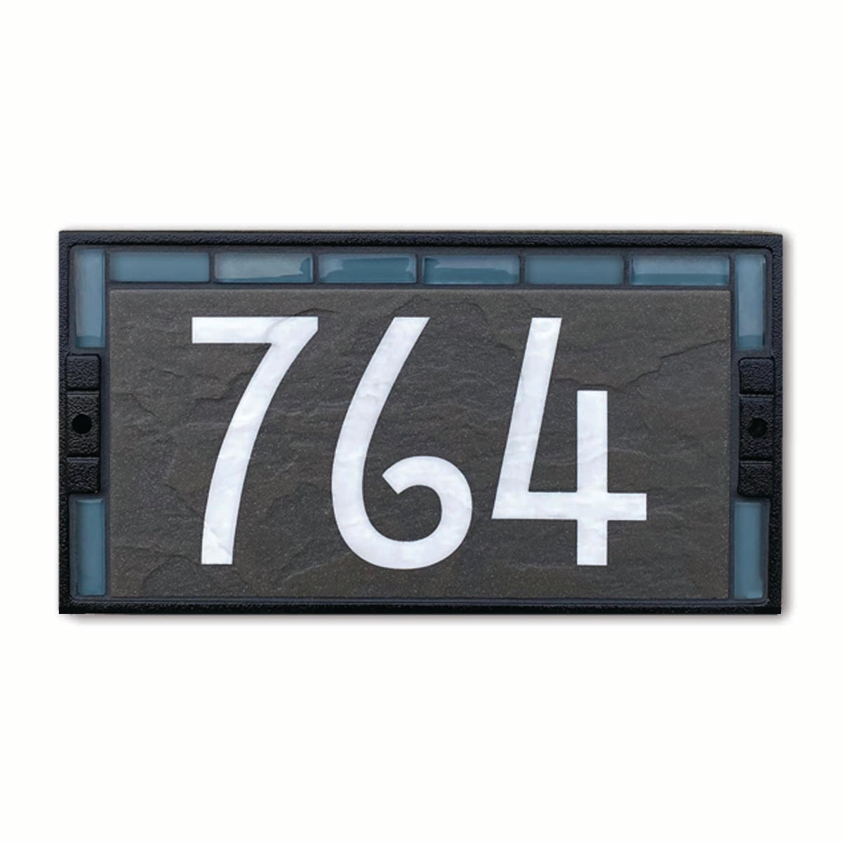 Blue Glass border surrounds white numbers on a black stone look porcelain house number plaque