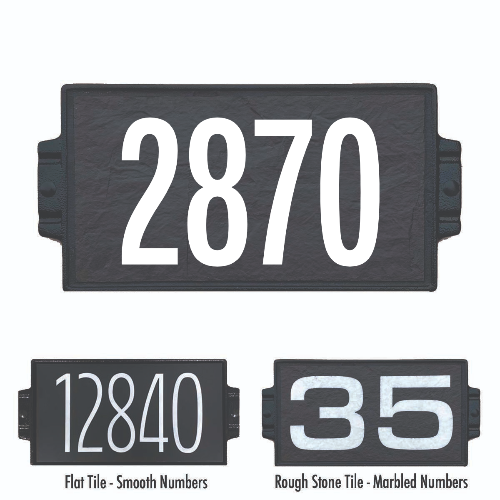 Glossy white numbers on ebony coloured rough stone textured porcelain tile number plaque
